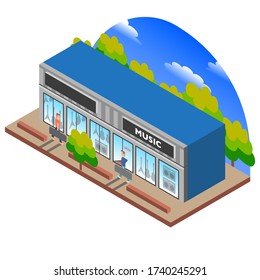 Guitar And Music Store Exterior With People Carrying Instruments To And From It 3D Isometric Illustration.