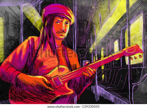 Guitar player  - A hand drawn illustration of\
an musician playing guitar in the subway car - Full sized hand\
drawing\
(original).