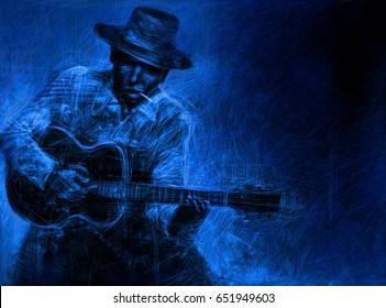 Guitarist In A Hat With An Acoustic Guitar And A Cigarette. Abstract Blue Illustration Poster