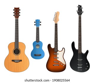 Guitars. Realistic Musical Instruments Sound Making Items Rock And Acoustic Guitars Collection