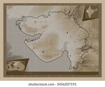 Gujarat, state of India. Elevation map colored in sepia tones with lakes and rivers. Locations of major cities of the region. Corner auxiliary location maps