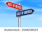 Gulf of Mexico to Gulf of America name changing concept of ocean written on signboard with sky in the backdrop.