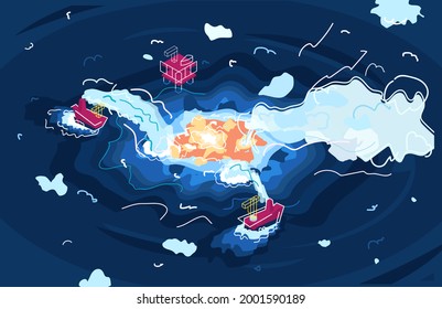 The Gulf Of Mexico Was On Fire Flat Illustration. Eye Of Fire In The Ocean West Of Mexico's Yucatan. Bright Orange Flames Jumping Out Of Water. News. Natural Disaster. Oil And Gas Pipeline. 