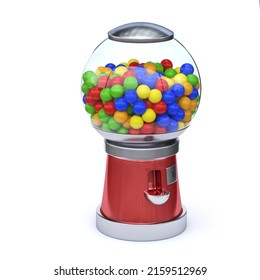 Gumball Machine. Transparent Round Glass Candy Dispenser With Colorful Bubble Gum Isolated On White Background 3d Rendering