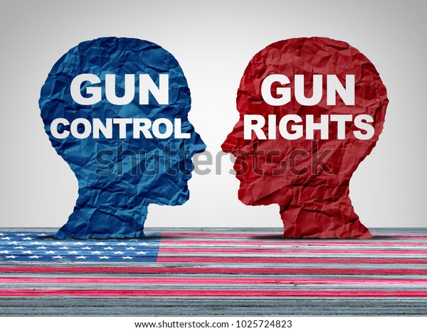 Gun debate\
as the right to control firearms laws versus the constitutional\
rights of owners of guns as a political American argument concept\
in a 3D illustration\
style.