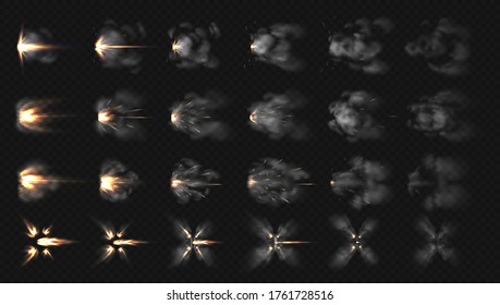 Gun flash effects. Realistic special effects steps of smoke clouds and shotgun fire, muzzle flash and explode.  illustration isolated set concept firing on transparent background