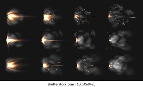 Gun Flash. Realistic Muzzle Flash And Shotgun Fire And Smoke Special Effects Isolated On Transparent Background.  Illustration 3D Blast Motion Flashes After Weapon Shot Set