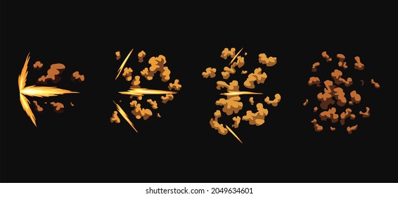 Gun Flashes Or Gunshot Animation. Cartoon Flash Effect Of Bullet Start. Shotgun Fire, Muzzle Flash And Explode. Flashes With Smoke And Fire Sparkles