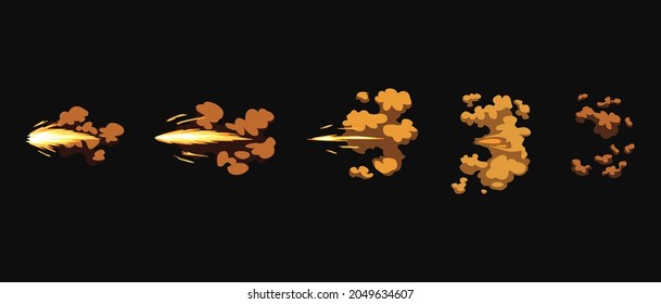 Gun Flashes Or Gunshot Animation. Cartoon Flash Effect Of Bullet Start. Shotgun Fire, Muzzle Flash And Explode. Flashes With Smoke And Fire Sparkles