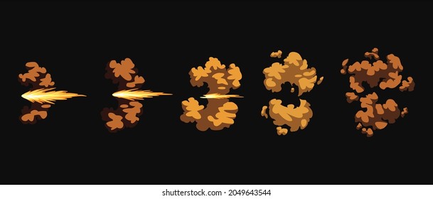 Gun Flashes Or Gunshot Animation. Cartoon Flash Effect Of Bullet Start. Shotgun Fire, Muzzle Flash And Explode. Flashes With Smoke And Fire Sparkles