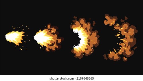 Gun Flashes Or Gunshot Animation. Collection Of Fire Explosion Effect During Shot With Gun. Cartoon Flash Effect Of Bullet Starts. Shotgun Fire, Muzzle Flash And Explode