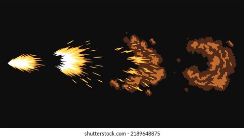 Gun Flashes Or Gunshot Animation. Collection Of Fire Explosion Effect During Shot With Gun. Cartoon Flash Effect Of Bullet Starts. Shotgun Fire, Muzzle Flash And Explode