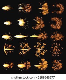 Gun Flashes Or Gunshot Animation. Collection Of Fire Explosion Effect During Shot With Gun. Cartoon Flash Effect Of Bullet Starts. Shotgun Fire, Muzzle Flash And Explode