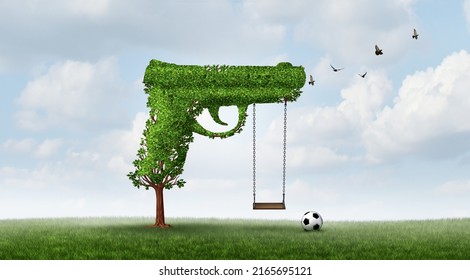 Gun Safety and children or youth crime concept as a tree shaped as a gun with a playground swing as  public safety and firearms student security issues or grief with 3D illustration elements.