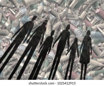 Gun violence social issue as the cast shadow of a group of people including children over bullets as a tragic shooting society problem with 3D illustration elements.