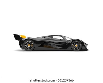 Gunmetal Black Racing Super Car With Yellow Details - Side View - 3D Illustration