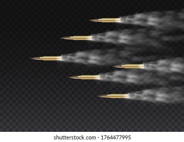 Gunshots, bullets in motion, military smoke trails. 3D image. Realistic flying bullets in motion. Smoke traces isolated on transparent background. Handgun shoot trails. 