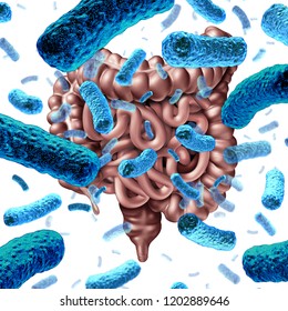 Gut Bacteria As Probiotic Bacterium Inside Small Intestine And Digestive Microflora Inside The Colon Or Bowel As A Health Symbol For Microbiome As A 3D Render.