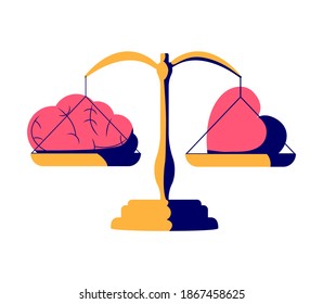 Gut instincts illustration. Brain vs heart flat tiny persons concept. Symbolic creative scene with seesaw and love in one side and practical in opposite. Emotional instincts and logic balance.