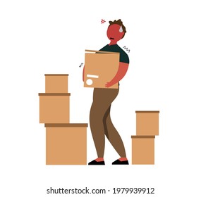 The guy is carrying a large heavy cardboard box in his hands. Emotions of tension and fatigue. Delivery man, courier package, service boy. Illustration for website and business.