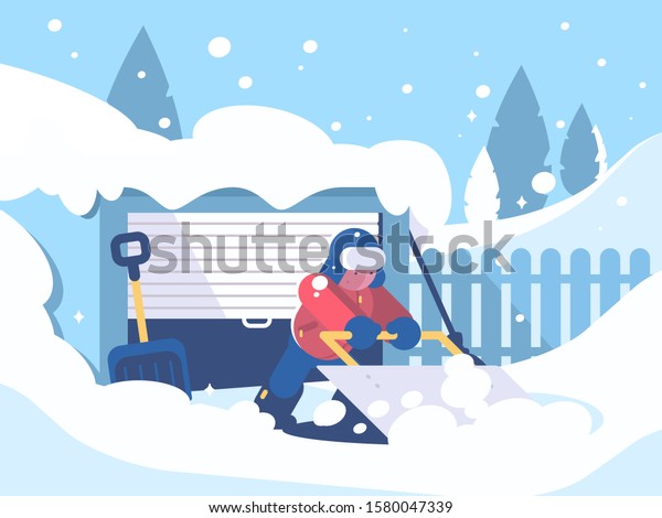 Guy cleans snow after snowfall near garage.\
Clean car passage.\
illustration
