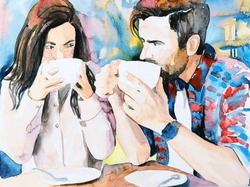 A Guy And A Girl In Love Are Sitting In A Cafe And Drinking Coffee. Illustration For Valentine's Day. A Valentine's Day Card. A Couple In Love. Watercolor Illustration