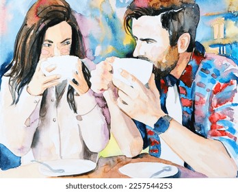 A guy and a girl in love are sitting in a cafe and drinking coffee. Illustration for Valentine's Day. A Valentine's Day card. A couple in love. Watercolor illustration - Powered by Shutterstock