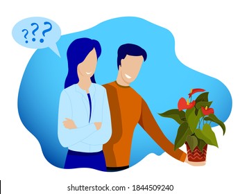 guy gives young girl, friend pot with indoor flower. Friendship between man and woman, family relationships. Gifts for no reason - Powered by Shutterstock