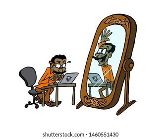 IT guy hiding behind computer while his reflection in the mirror tries to call his attention