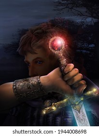 Guy With Magic Sword And Magic Stone On Dark Background