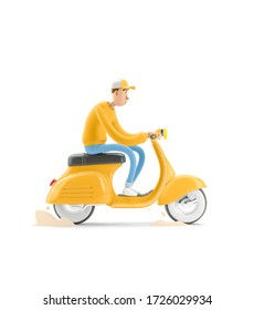 A Guy In A Yellow Sweatshirt Rides A Vintage Moped. 3d Illustration. Cartoon Character. Express Delivery Concept.