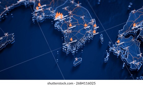 Gwangju map big data visualization. Futuristic map infographic of city in South Korea. Visual map data complexity in modern blue and orange colors. 3D Illustration