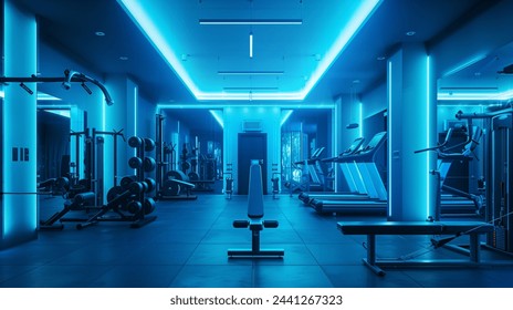 gym background for presentation banners That has exercise equipment Many and many kinds There is a modern interior that uses beautiful blue light.