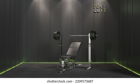 Gym Bench Press, Gym Equipment In The Studio. Bench Press In Front Of Black Wall With Green Light. Exercise For Health Under White Spots. Don't Quit. 3d Rendering