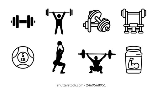 Gym equipment icons in black and white color in one image - Powered by Shutterstock