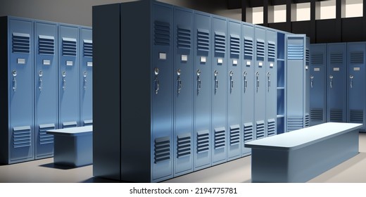 Gym Lockers, Empty Change Room Interior. School Students Storage Cabinets, Blue Metal Closets And Bench. 3d Render