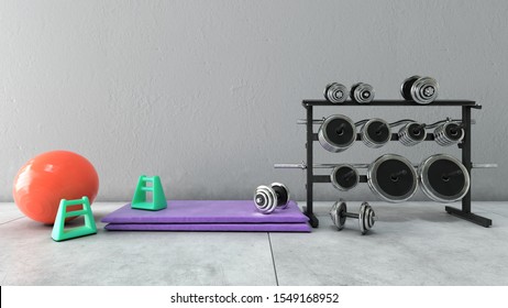 Gym With Mockup Wall,  Weights Rack & Gym Ball, 3D Illustration