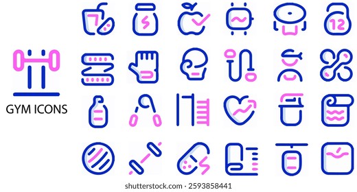 Gym simple concept 24 colour icons set. Contains such Fitness, training, barbell, kettlebell, muscles, healthy body, cardio training .Vector illustration.