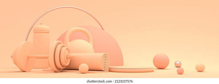 Gym Training And Home Exercising And Fitness Equipment. Dumbbells, Bob, Yoga Mat And Bottle. Tools For Healthy Lifestyle And Wellbeing. Abstract Geometry Shapes. 3D Render