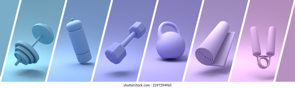 Gym training and home exercising and fitness equipment. Dumbbells, bob, yoga mat and bottle. Tools for healthy lifestyle and wellbeing. 3D render. Sliced collage. 3D Illustration