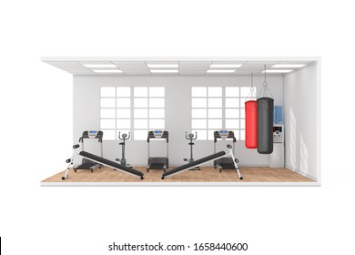 Gymnasium Room Interior with Large Window, Exercise Benches, Leather Punching Bags for Boxing Training, Treadmill Machines and Wooden Parquet Floor on a white background. 3d Rendering - Powered by Shutterstock