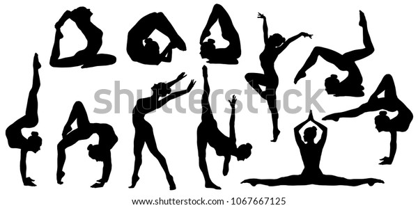 体操のポーズシルエット 柔軟な体操の練習セット Acrobatの背景の曲げと手のスタンドポーズ 白い背景に人のシェイプ のイラスト素材