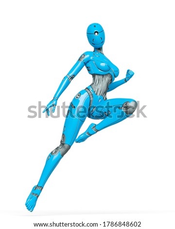 gynoid is the super fembot is doing a comic action pose in white background, 3d illustration