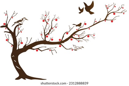 H and Drawn Vector Tree, decor, leaf, birds, autum, apple tree