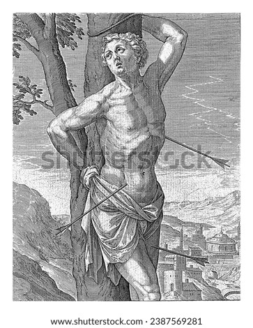 H. Sebastian, Antonie Wierix (II), after Hieronymus Wierix, 1565 - before 1604 Saint Sebastian is tied to a tree. Arrows have pierced his body. In the background a view of a city. Imagine de stoc © 