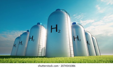 H2 Hydrogen Clear Energy Ecological Future Alternative Concept Environmental Technology Blue Sky Fuel Storage Tanks 3d Render