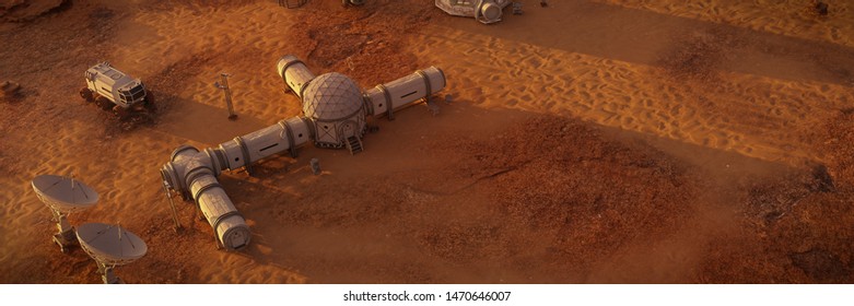 Habitat On Mars, Base In Desert Landscape On The Red Planet (3d Science Illustration Banner) 

