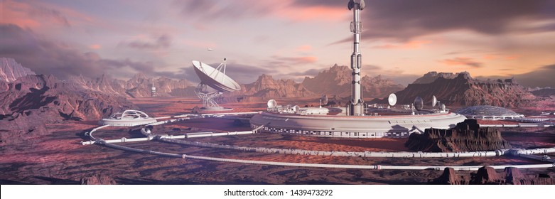 Habitat On Mars Surface,   Colony In Desert Landscape On The Red Planet (3d Space Rendering Banner)