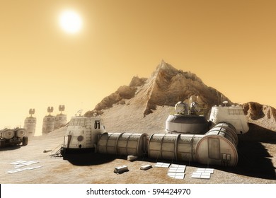 Habitat Settlement Research And Living Quarters On The Desolate Planet Of Mars. 3d Rendering Illustration 