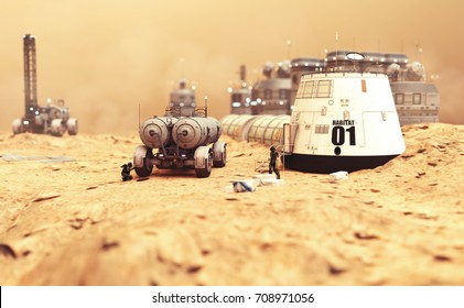 Habitat Settlement Research And Living Quarters On The Desolate Red Planet Of Mars. 3d Rendering Illustration 